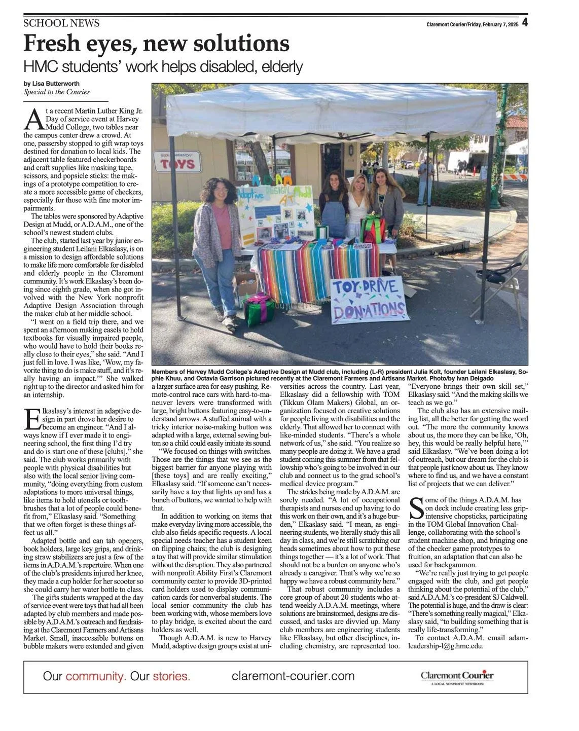 Newspaper article headlined 'Fresh eyes, new solutions: HMC students' work helps disabled, elderly', with a photo of the club at an outdoor table