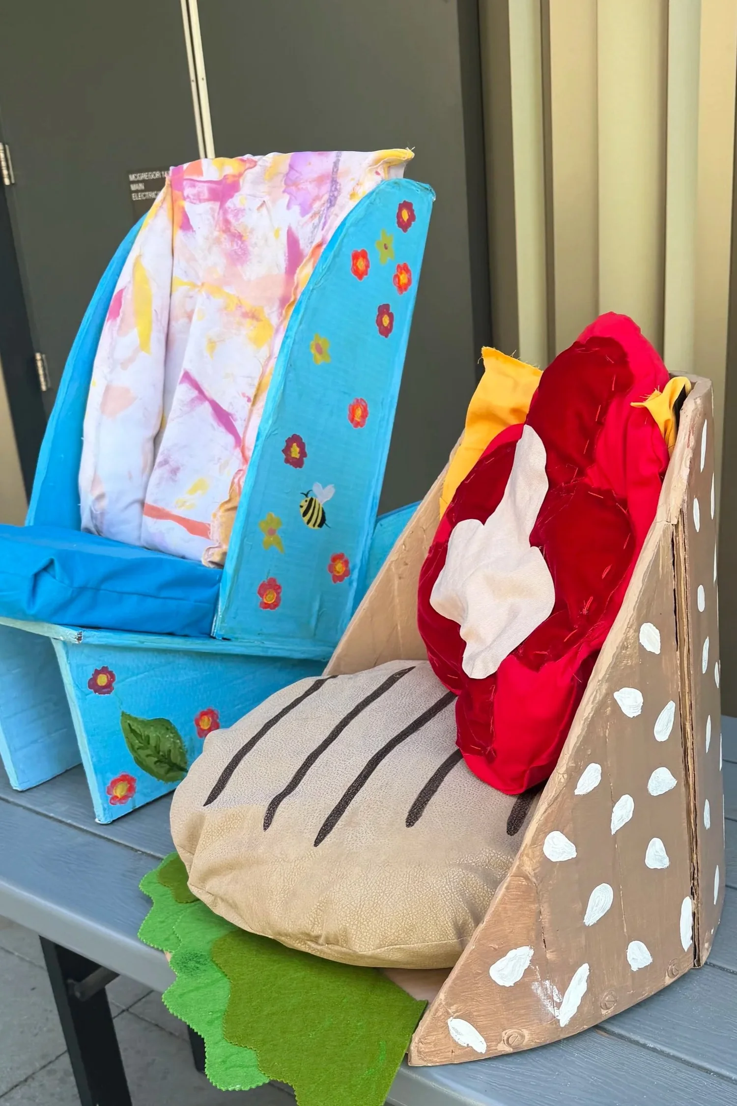 Soft sensory chairs shaped like a garden and a hamburger