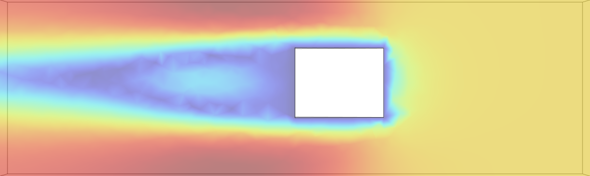 Flow simulation around a flat, box-shaped nose showing a wide low-velocity wake