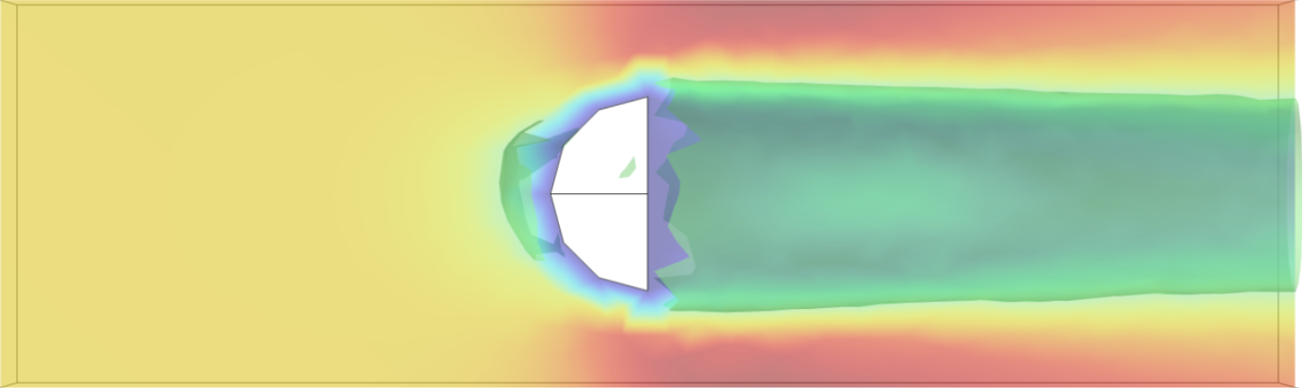 Flow simulation around a dome-shaped nose with the wake region highlighted