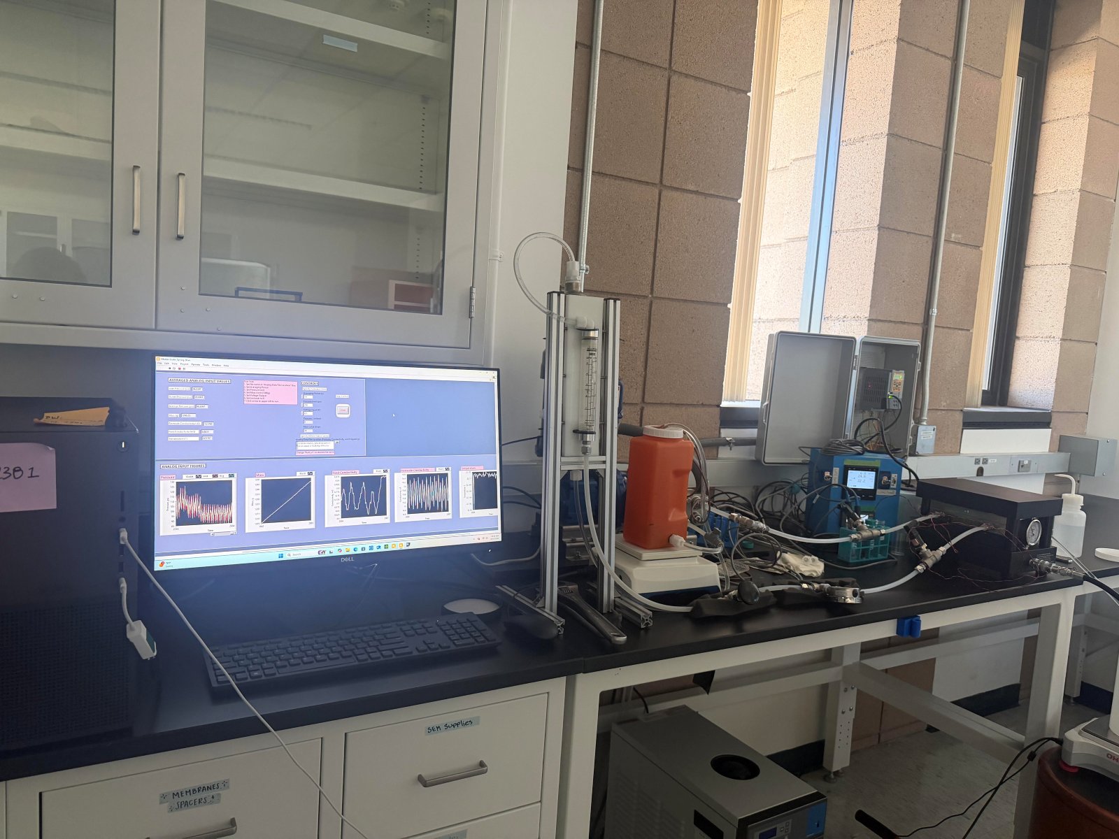 The bench-scale RO system on a lab bench: a monitor running the LabVIEW control panel with live pressure, mass, conductivity and temperature plots, beside the flow meter, feed jug on a scale, sensor-wired tubing, blue data center box and the black RO membrane module, with a chiller below