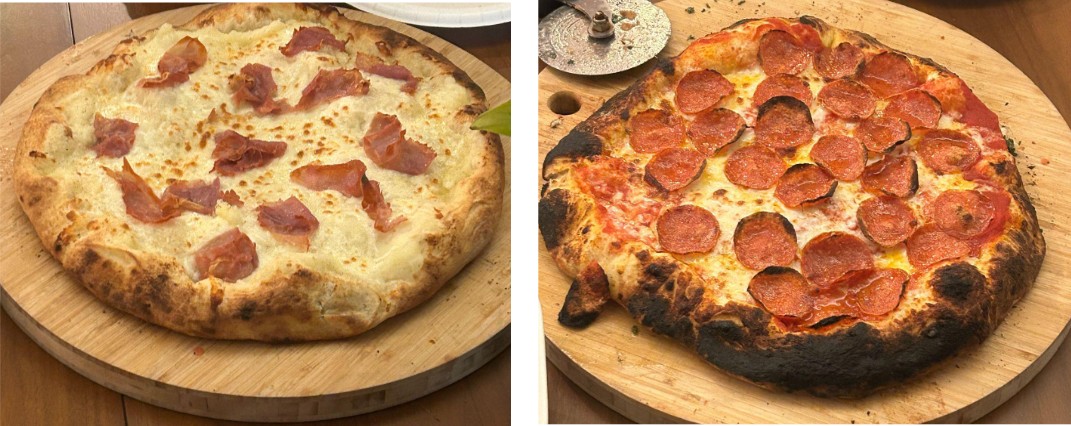 Two pizzas on wooden boards: one with a golden crust baked with the optimal amount of semolina, and a pepperoni pizza with a burned crust from too much semolina
