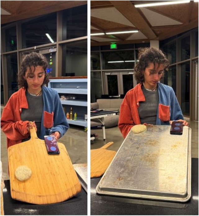 Leilani tilting a wooden pizza peel and a metal tray with a disk of dough on each, measuring the slide angle with a phone protractor